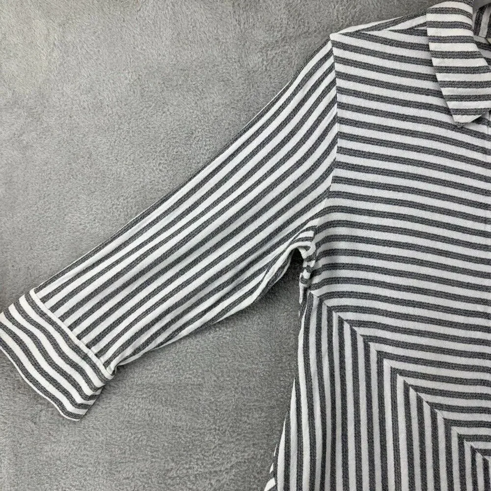Soft Surroundings Top M Gray White Striped Button Up Tunic Asymmetrical Hem - Picture 5 of 14